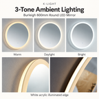K-LIGHT Burleigh mirror showing Warm, Daylight and Bright lighting settings with illuminated acrylic edge close-ups.