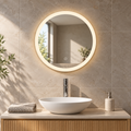 

K-LIGHT Burleigh 600mm round LED bathroom mirror above an oak vanity against stone-effect tiles.