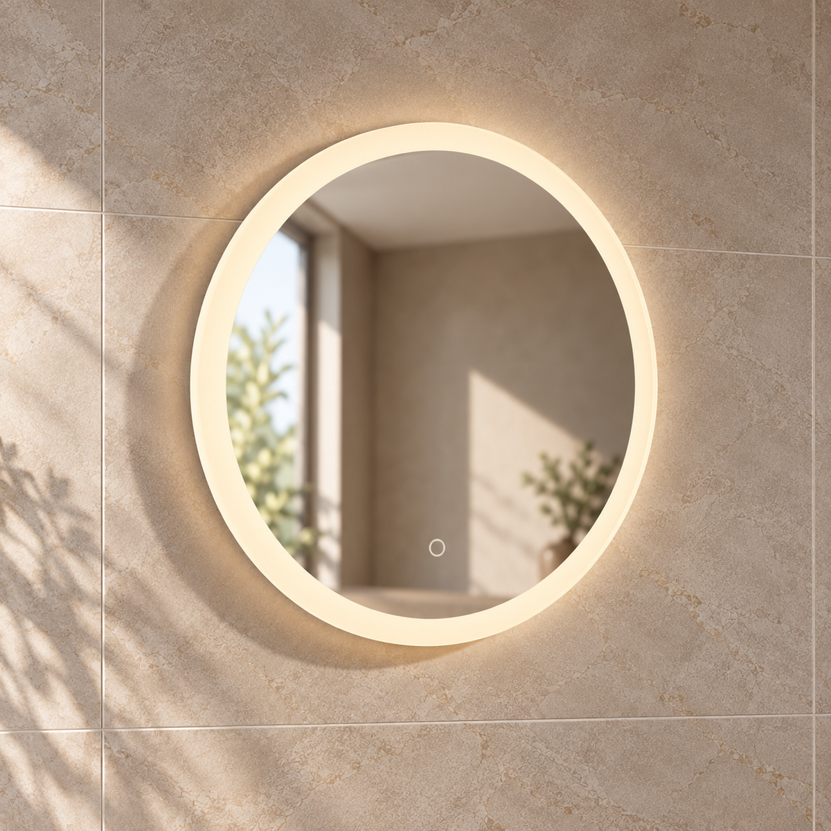 K-LIGHT Burleigh 600mm round mirror with warm LED illumination and a circular touch control.