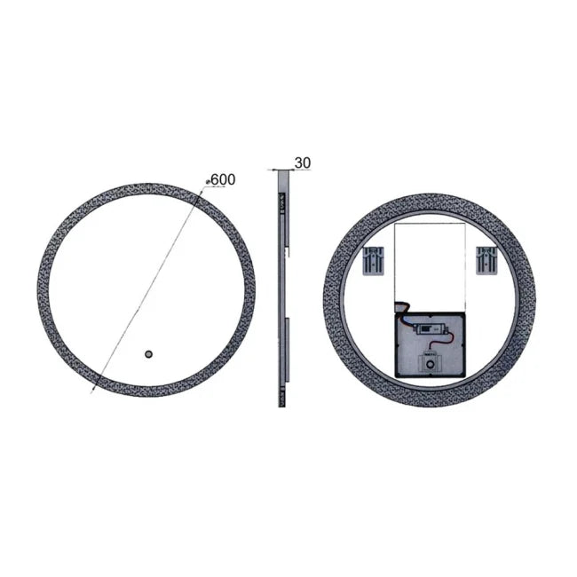 Technical drawing of the K-LIGHT Burleigh 600mm round mirror showing front, side and rear views.