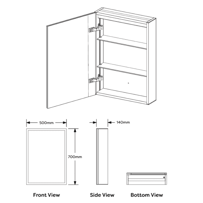 K-LIGHT Echo 500mm x 700mm LED mirror cabinet dimensions and internal shelving