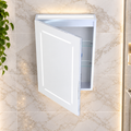 K-LIGHT Link LED mirror cabinet hero image with open door and marble effect wall tiles