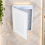 K-LIGHT Link LED mirror cabinet hero image with open door and marble effect wall tiles