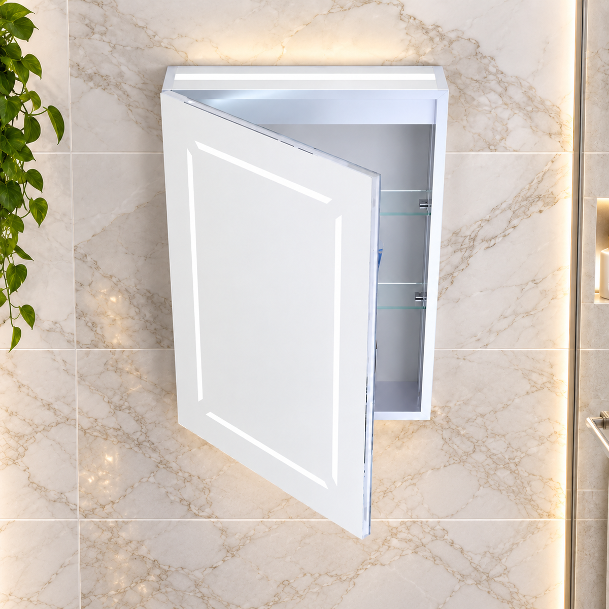 K-LIGHT Link LED mirror cabinet hero image with open door and marble effect wall tiles