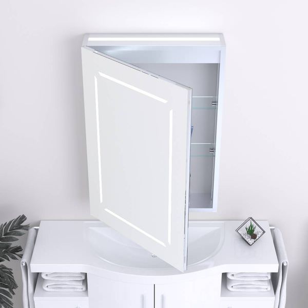 K-LIGHT Link LED mirror cabinet with door open in a modern bathroom setting