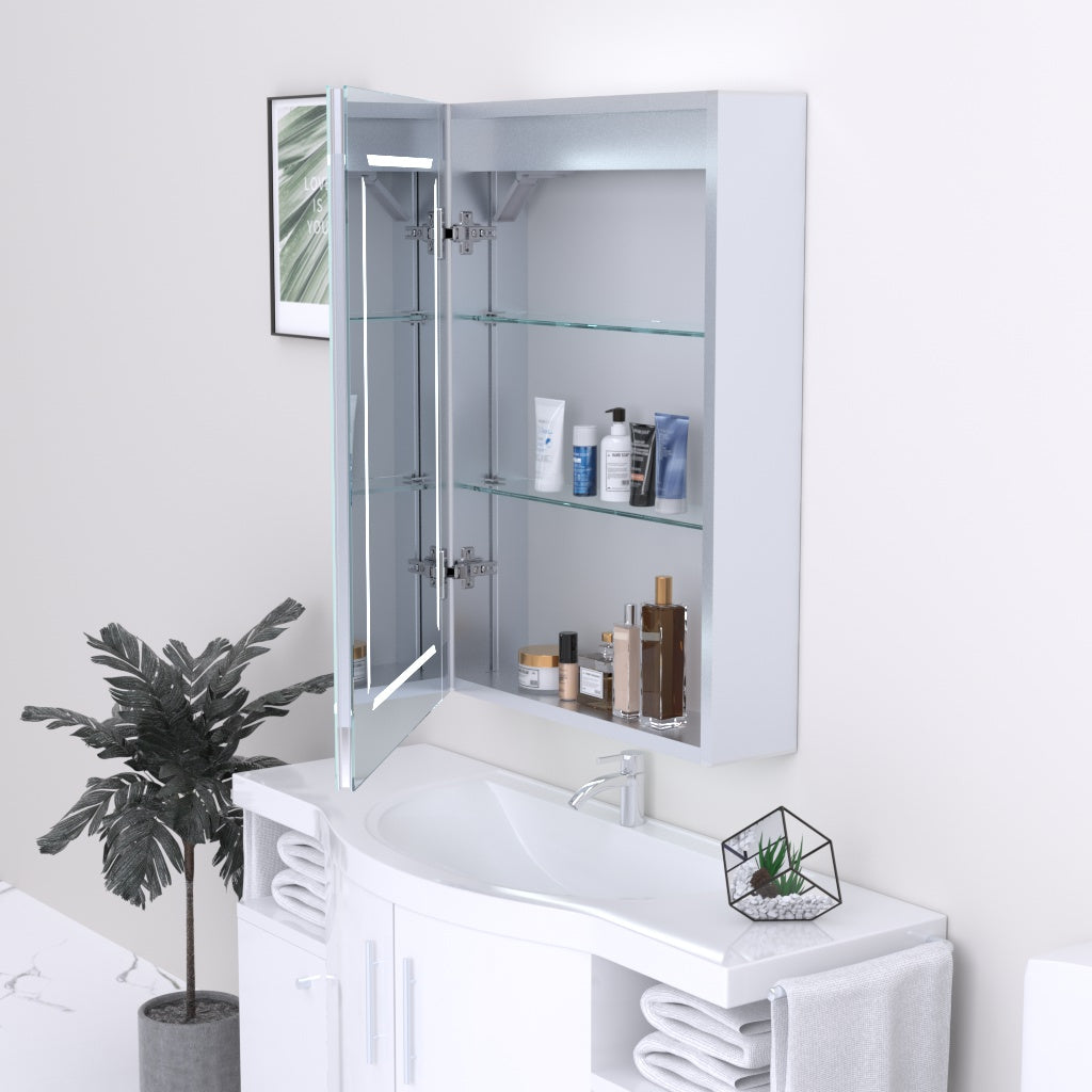 K-LIGHT Link LED mirror cabinet open in a bathroom setting showing internal storage shelves