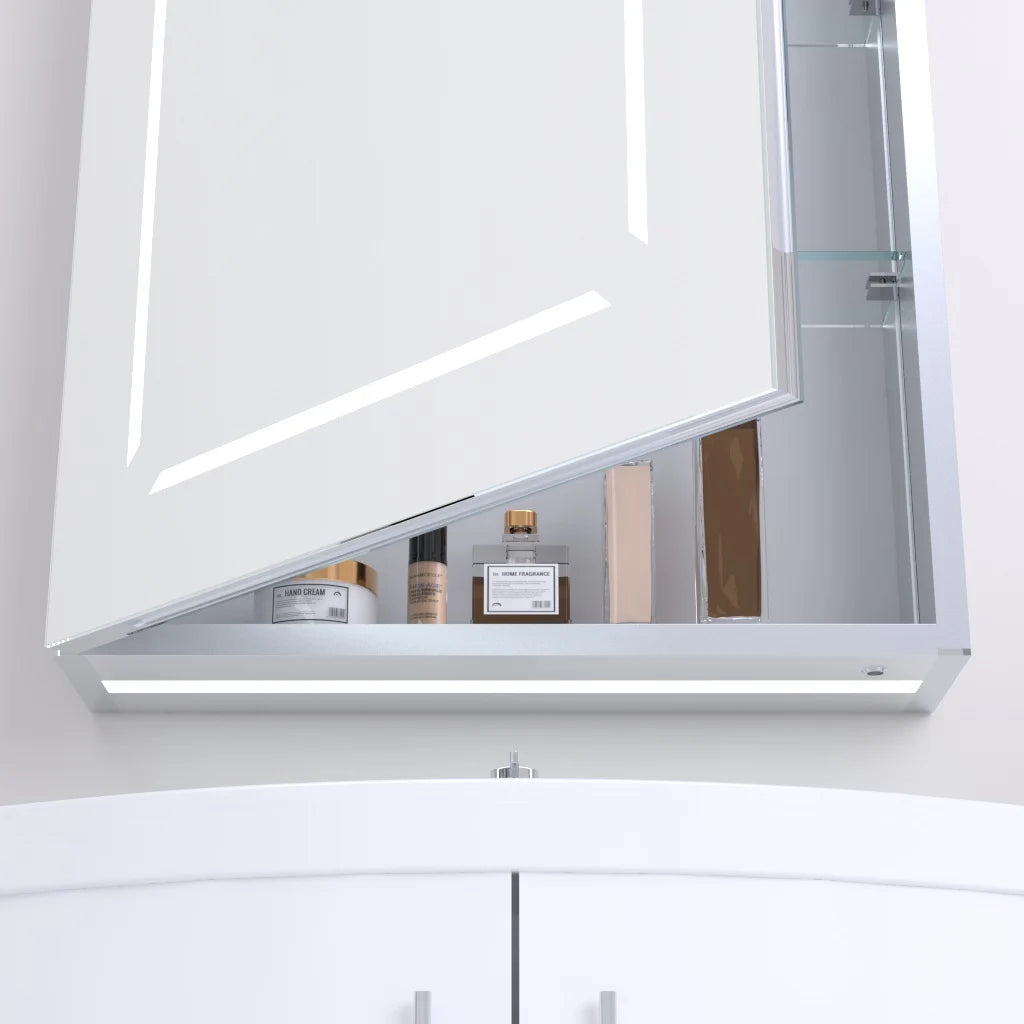 K-LIGHT Link LED mirror cabinet close up showing the built in shaver socket and internal shelf area