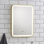 K LIGHT OTTONE 500 x 700mm brushed brass LED bathroom mirror shown illuminated
