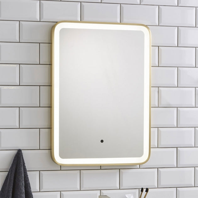 K LIGHT OTTONE 500 x 700mm brushed brass LED bathroom mirror shown illuminated