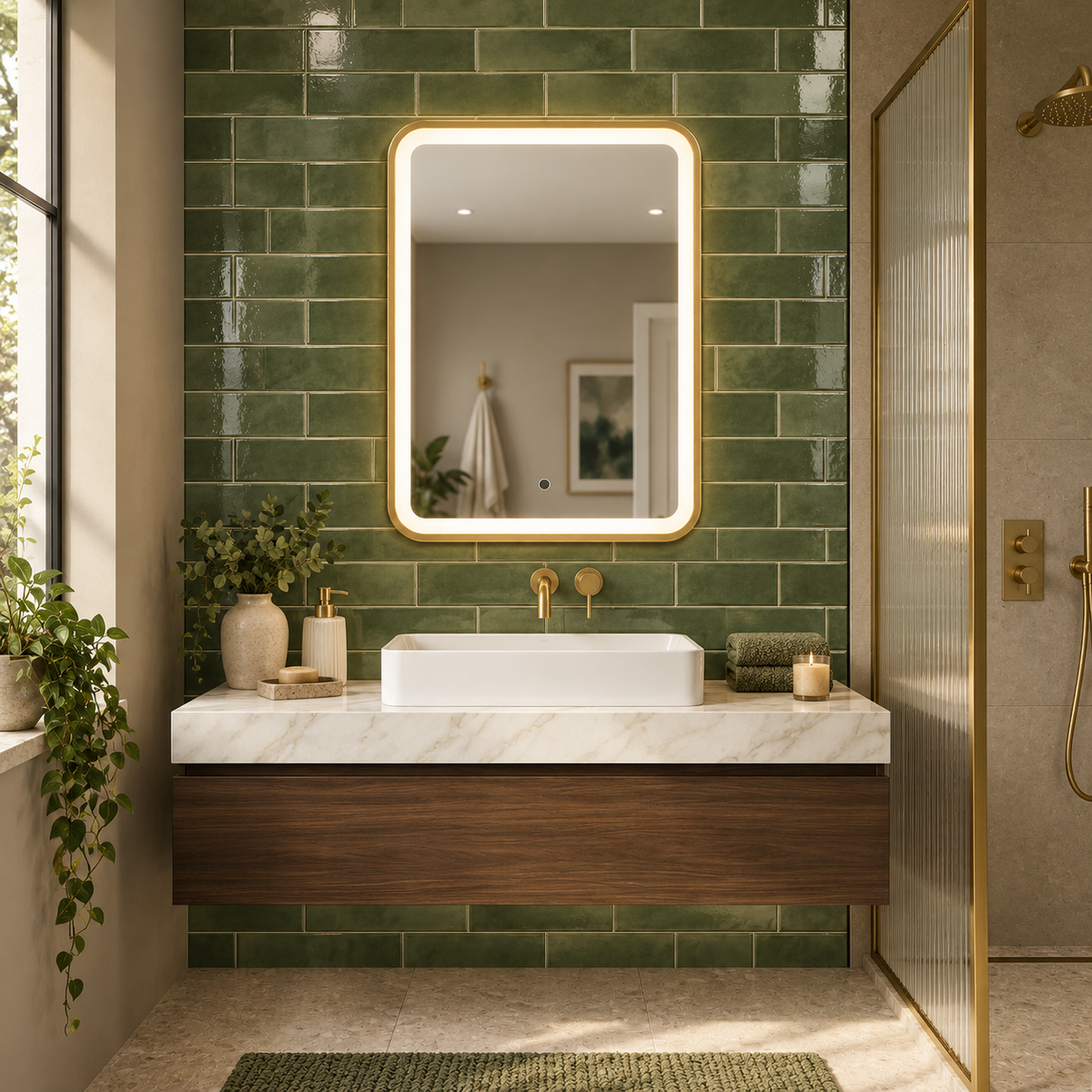 K LIGHT OTTONE brushed brass illuminated bathroom mirror above a modern vanity unit
