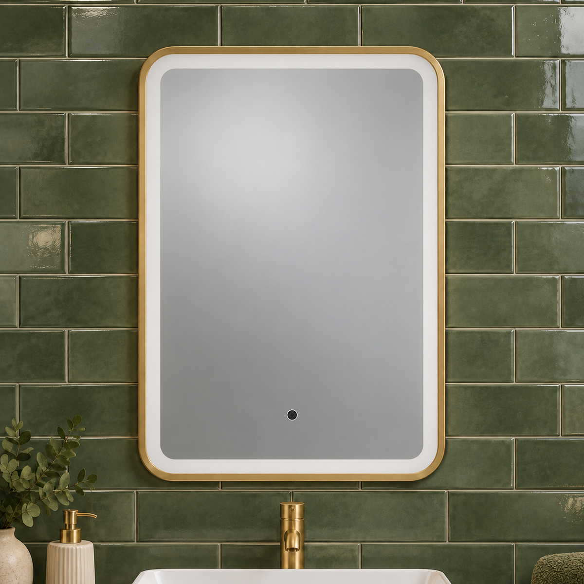 Close view of the K LIGHT OTTONE brushed brass LED bathroom mirror with touch sensor
