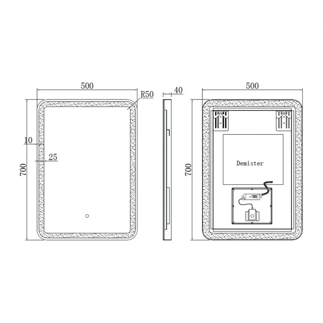 K LIGHT OTTONE LED bathroom mirror technical dimensions showing 500 x 700mm size