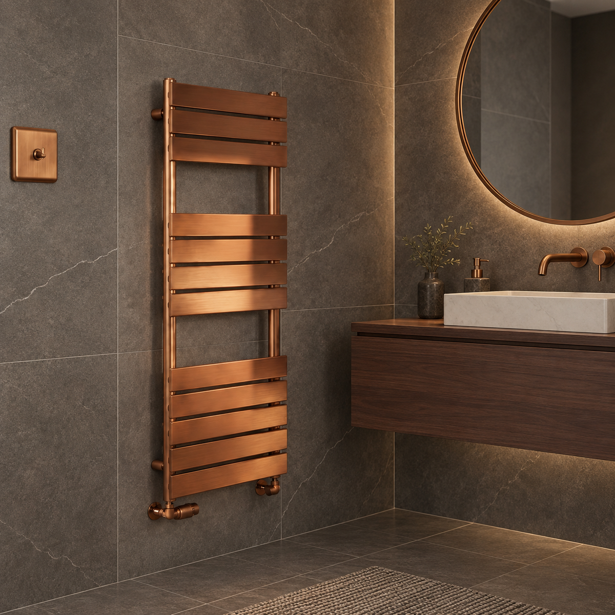 K-Rad Malibu 1200 x 500mm brushed bronze designer towel rail in a modern bathroom