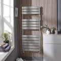 K-Rad Malibu 1200 x 500mm brushed nickel towel rail in a modern bathroom