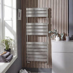 K-Rad Malibu 1200 x 500mm brushed nickel towel rail in a modern bathroom