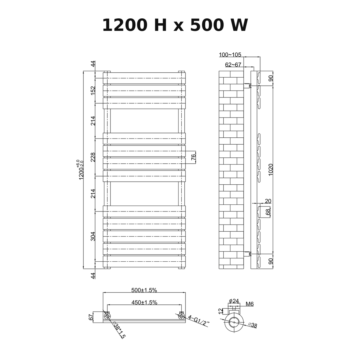 K-Rad Malibu 1200 x 500mm designer towel rail dimensions and fitting measurements