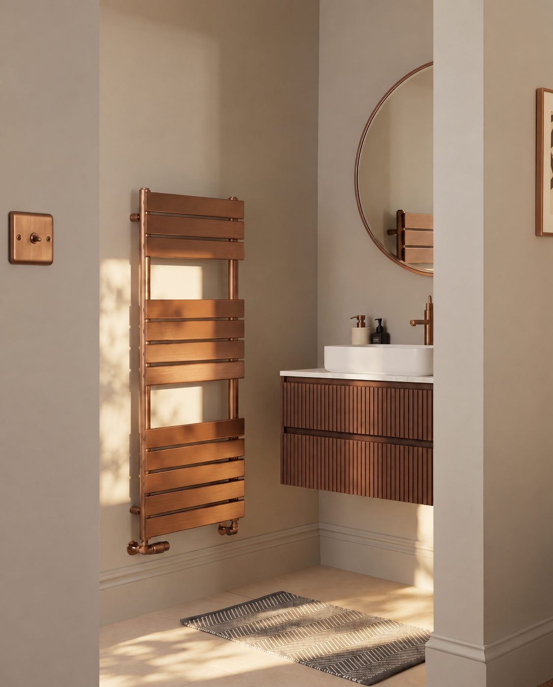 K-Rad Malibu brushed bronze towel rail displayed beside a walnut vanity unit