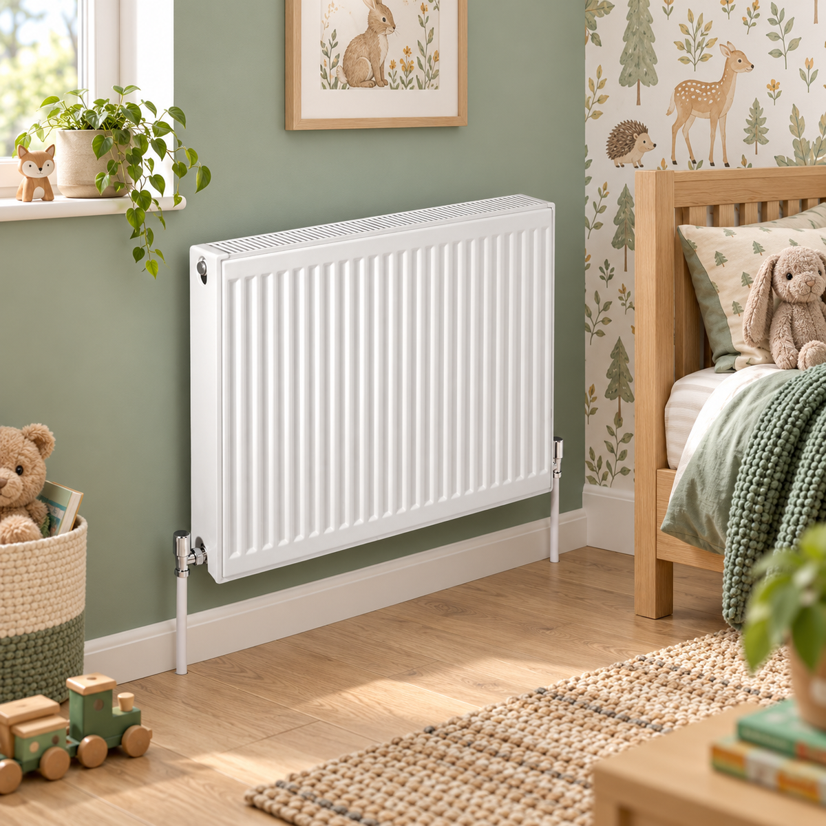 K Rad Type 21 white 1000mm horizontal radiator in a modern children's bedroom with sage green walls, woodland wallpaper and oak flooring.