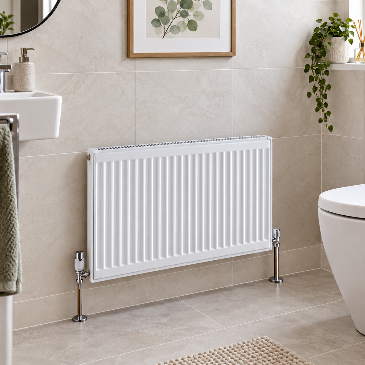 K Rad Type 21 white 1100mm horizontal radiator fitted in a modern downstairs toilet with beige wall tiles, chrome valves and matching tiled flooring.
