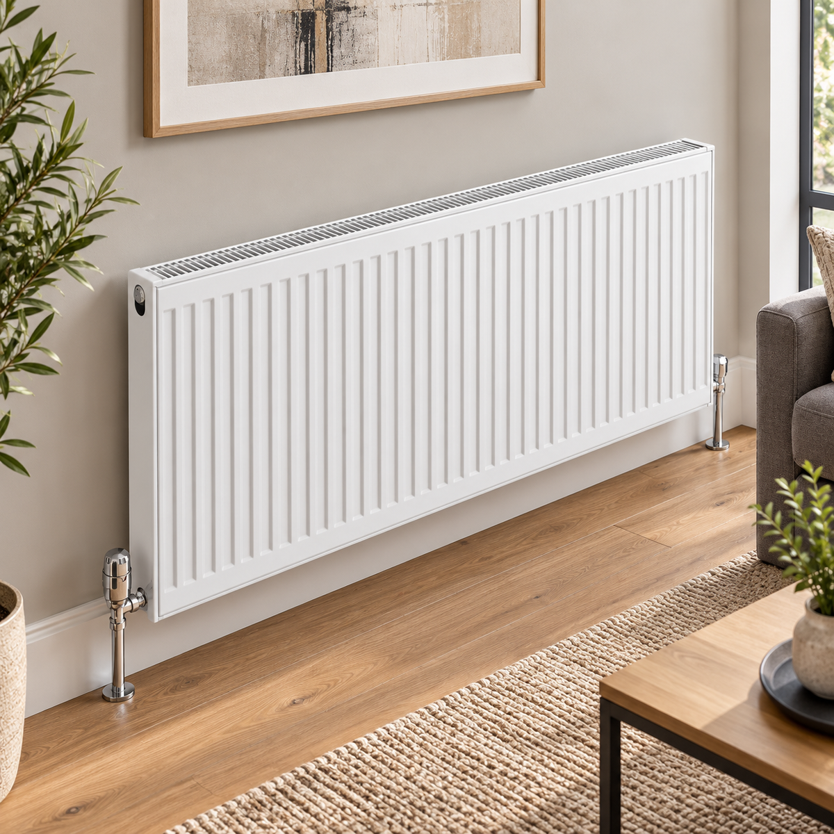 K Rad Type 21 white central heating radiator, 2000mm wide, wall mounted in a modern living room with oak flooring, neutral walls and chrome radiator valves.