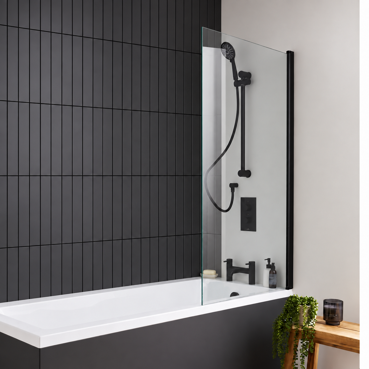 K VIT Nero square bath screen in matt black with clear glass in modern bathroom