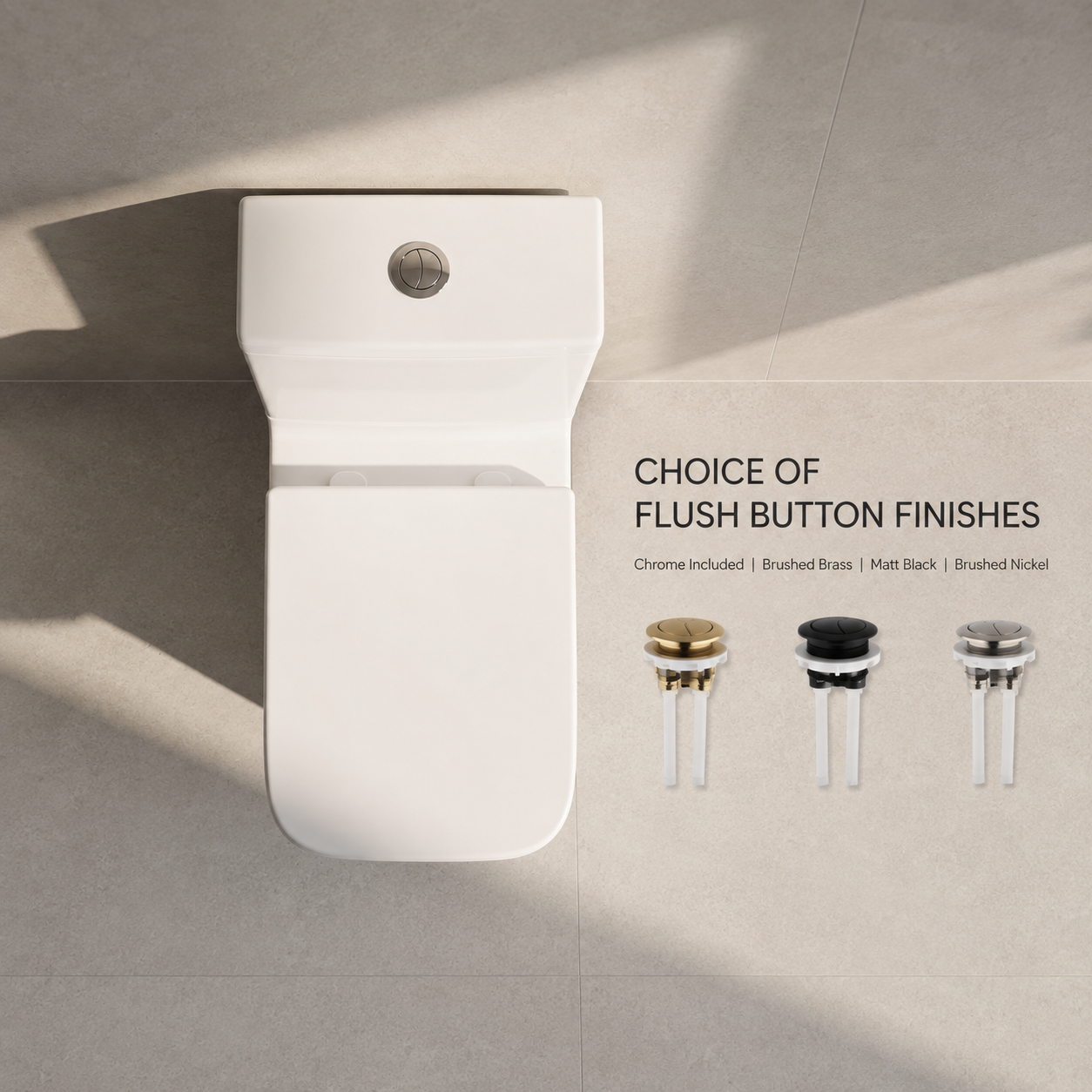 K Vit Options 550 toilet with chrome, brushed brass, matt black and brushed nickel flush button options