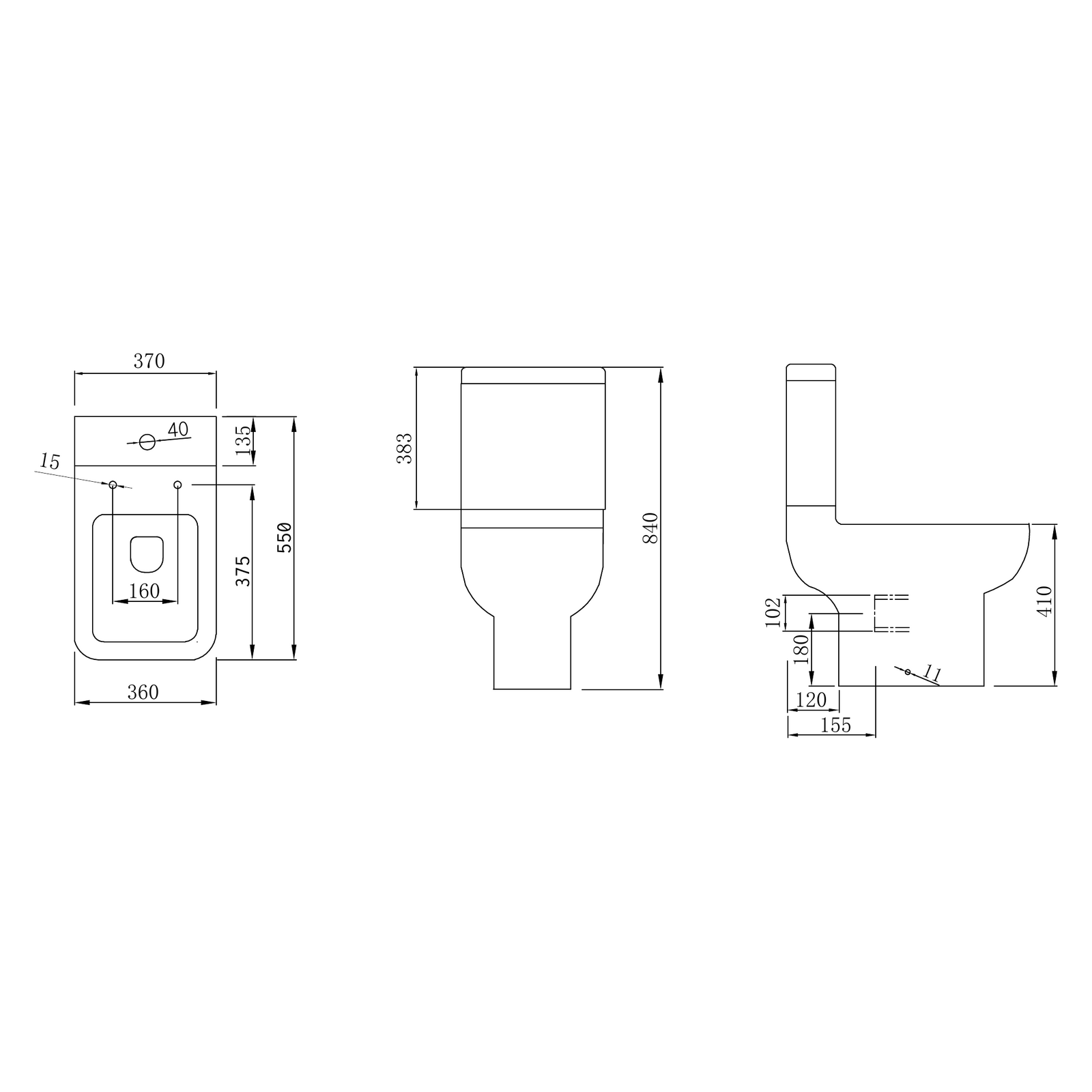 Technical dimensions for the K Vit Options 550 close coupled toilet