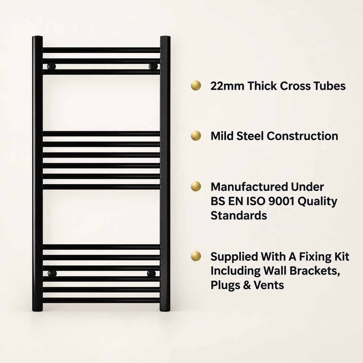 K-Warm black ladder towel rail showing its main product features