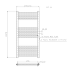 Technical dimensions for K-Warm 500 x 1000mm black ladder towel rail