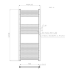 K Warm 500 x 1200mm brushed brass towel rail technical dimensions