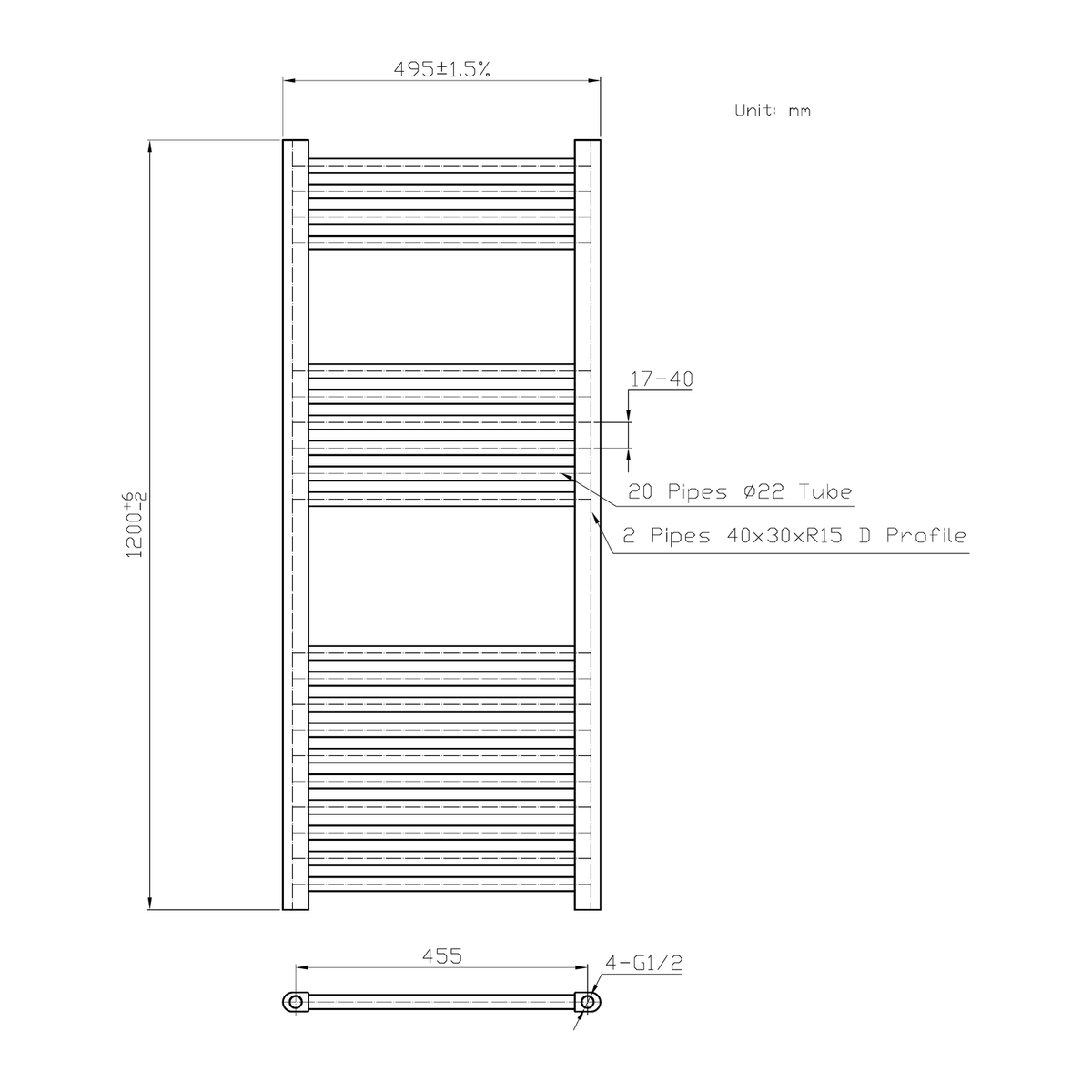 K Warm 500 x 1200mm brushed brass towel rail technical dimensions