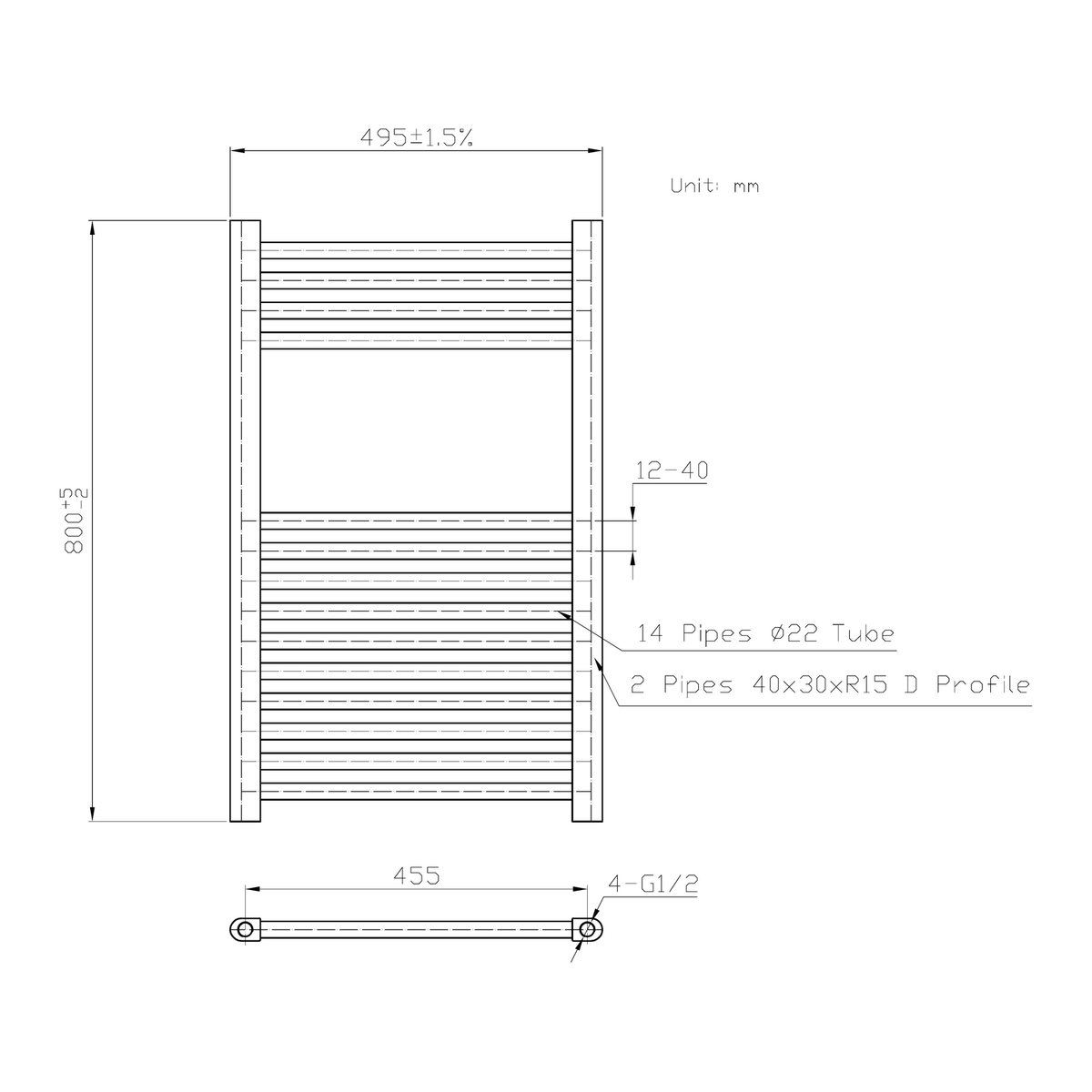 K Warm 500 x 800mm brushed brass towel rail technical dimensions