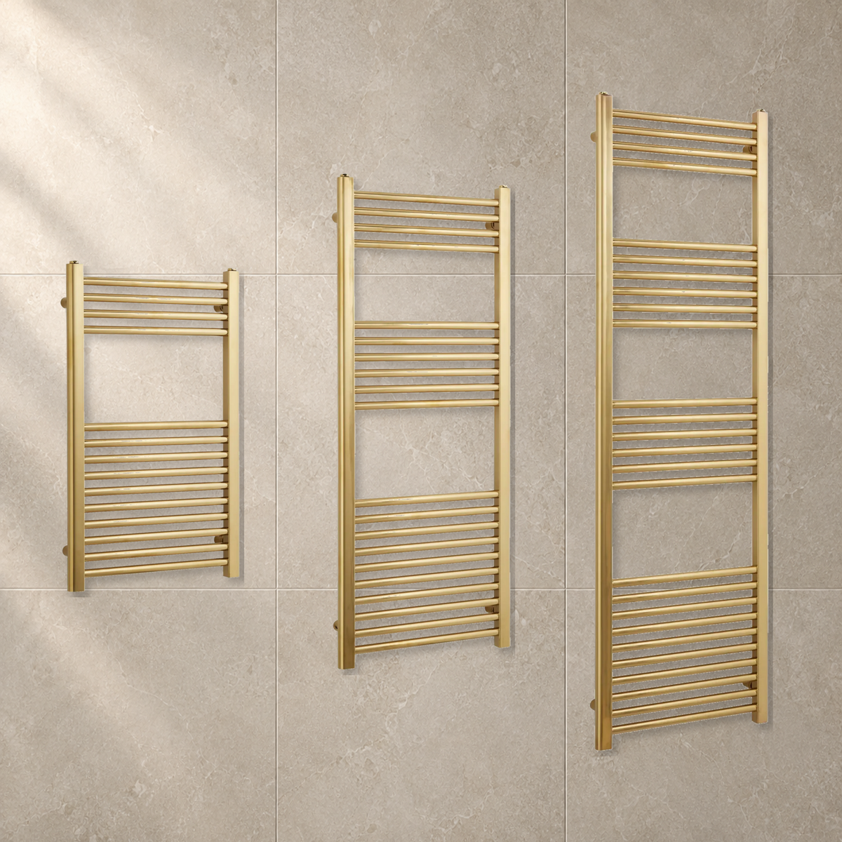 K Warm brushed brass towel rails in 800mm, 1200mm and 1600mm heights
