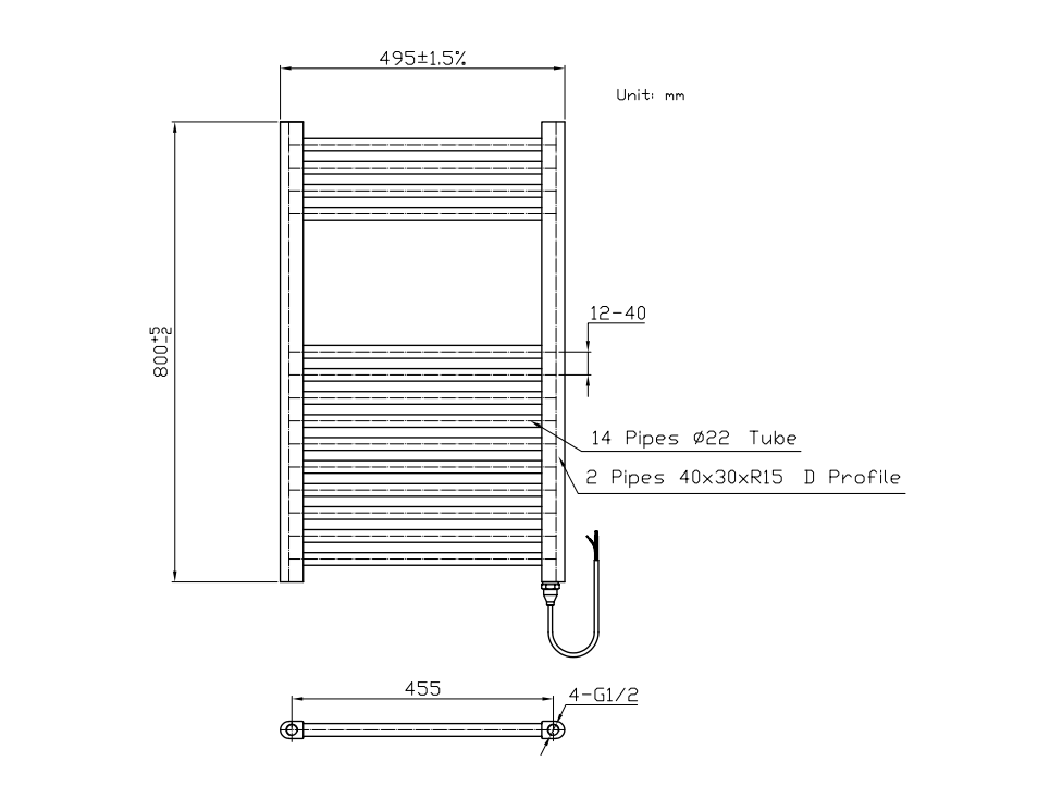 K Warm thermostatic electric towel rail installation dimensions and side projection