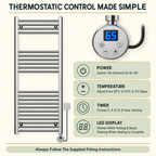 K Warm electric towel rail thermostat controls with temperature and timer settings explained