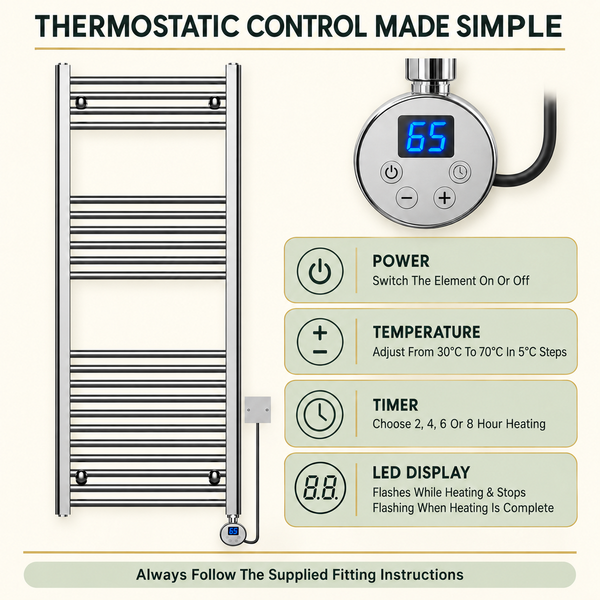 K Warm electric towel rail thermostat controls with temperature and timer settings explained