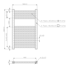 K Warm square matt black towel rail 500mm wide x 1200mm high technical dimensions