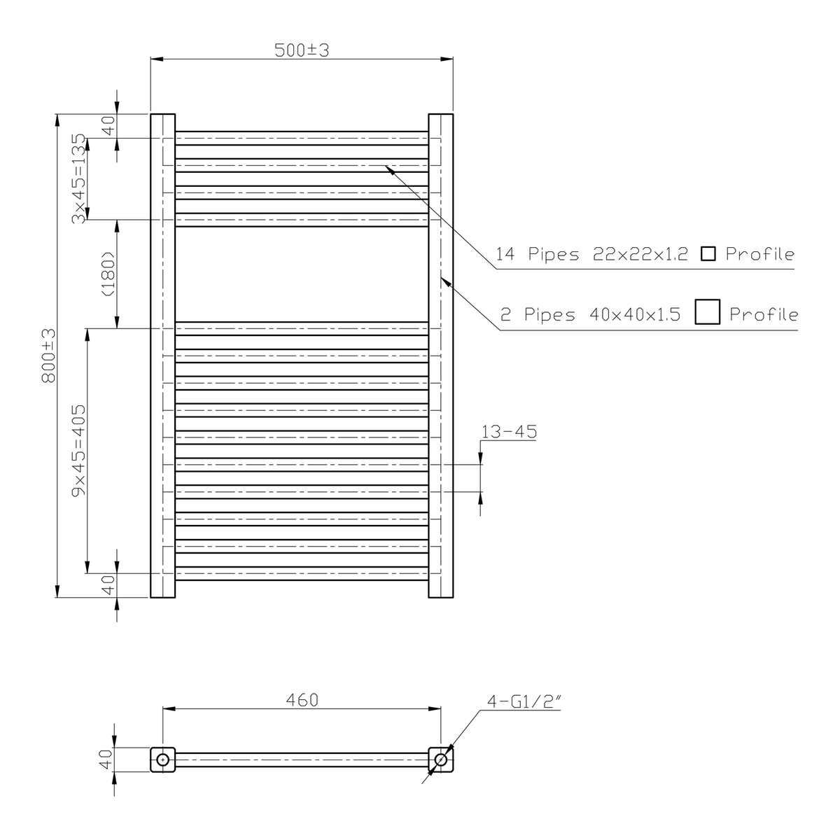K Warm square matt black towel rail 500mm wide x 1200mm high technical dimensions