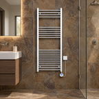 K Warm chrome thermostatic electric towel rail in a premium mocha tiled ensuite bathroom