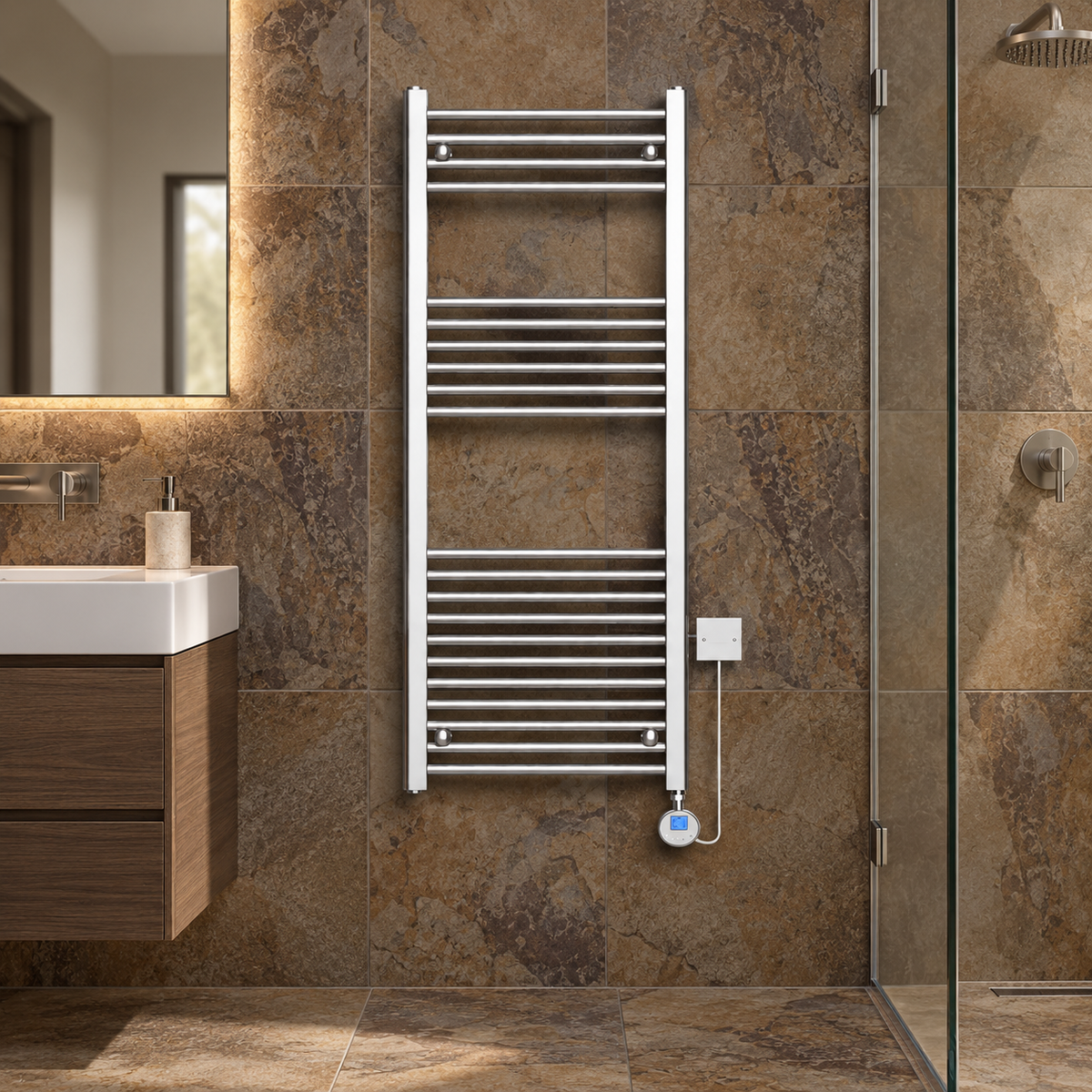 K Warm chrome thermostatic electric towel rail in a premium mocha tiled ensuite bathroom