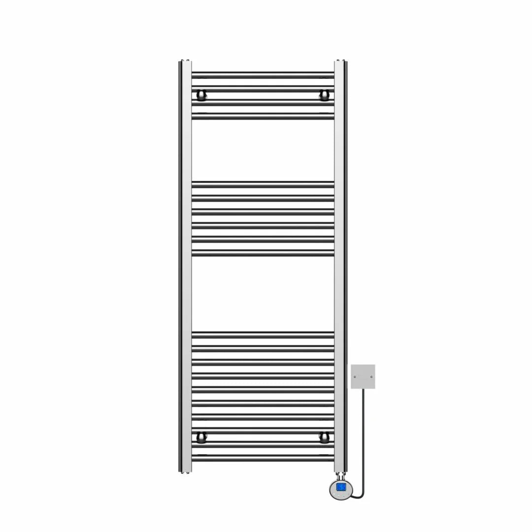 K Warm chrome thermostatic electric straight towel rail with digital controller