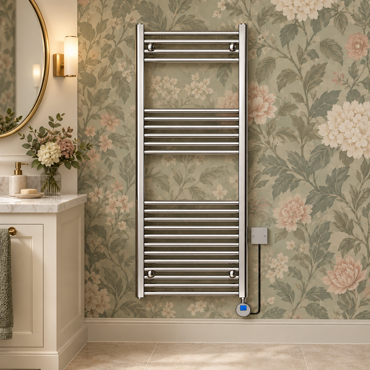 K Warm chrome thermostatic electric towel rail displayed against elegant floral bathroom wallpaper