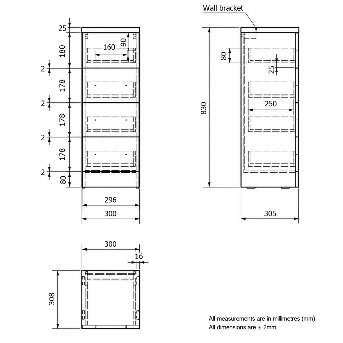 Kartell Impakt 300mm 4 Drawer Unit Technical Drawing & Dimensions