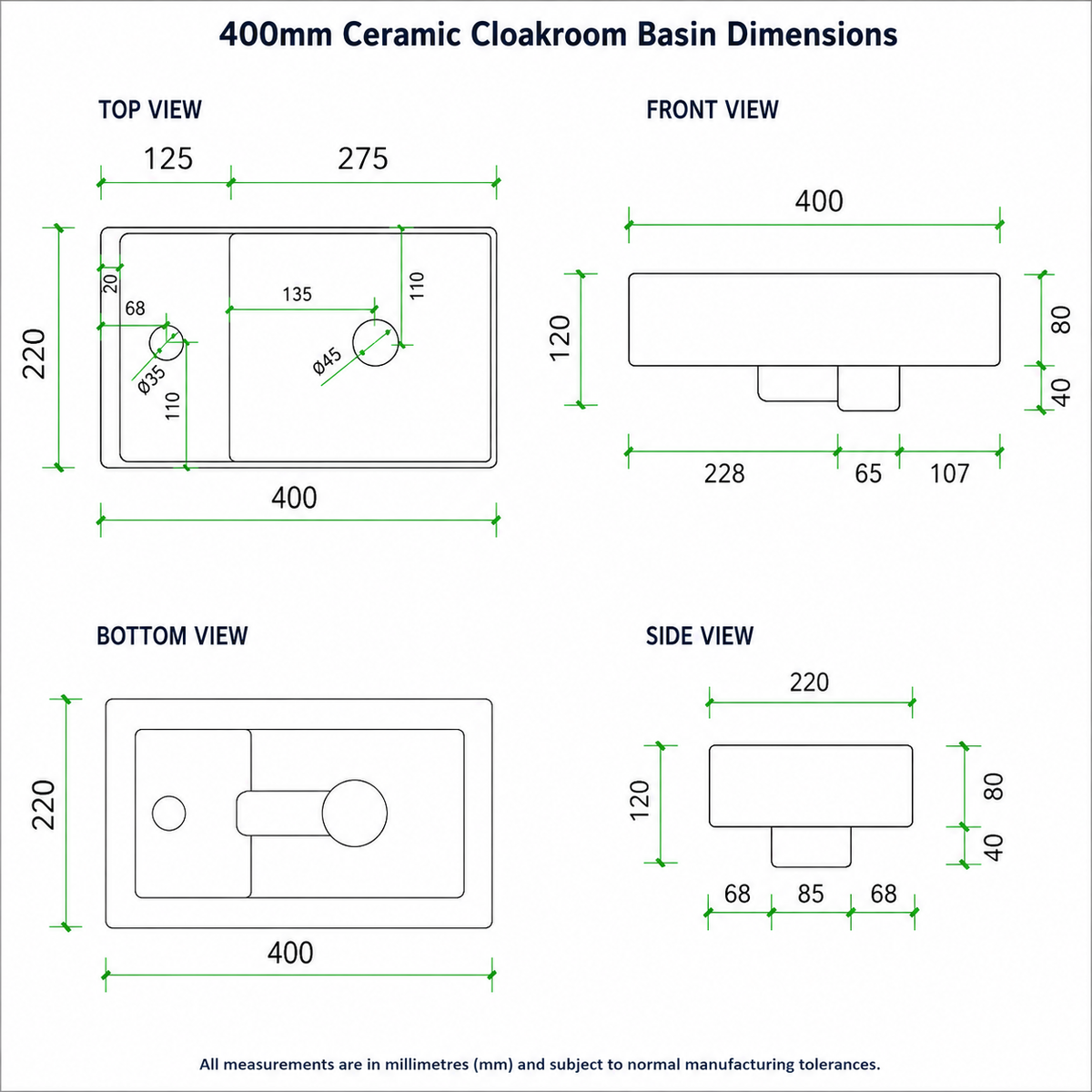 Kartell Impakt 400mm Ceramic Cloakroom Basin Dimensions