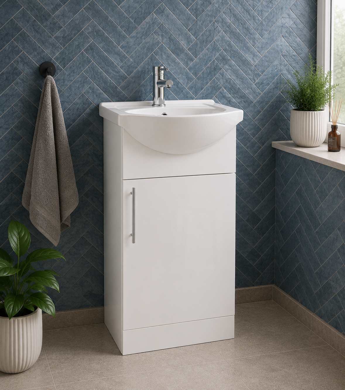 Kartell Impakt 450mm Vanity Unit With Basin In Blue Herringbone Bathroom Setting