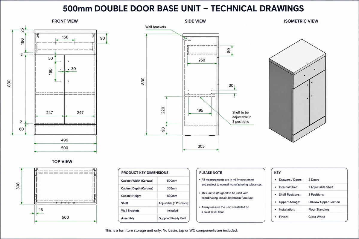 Kartell Impakt White Gloss 500mm Double Door Base Unit technical dimensions