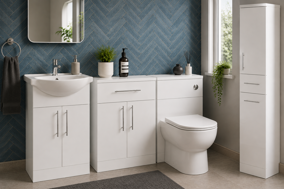 Impakt White Gloss Double Door Base Unit combined with vanity unit, WC unit & tall storage