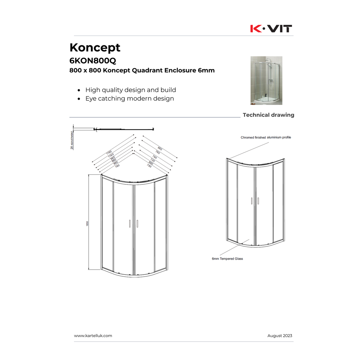 Kartell Koncept 800mm quadrant shower enclosure dimensions and technical drawing