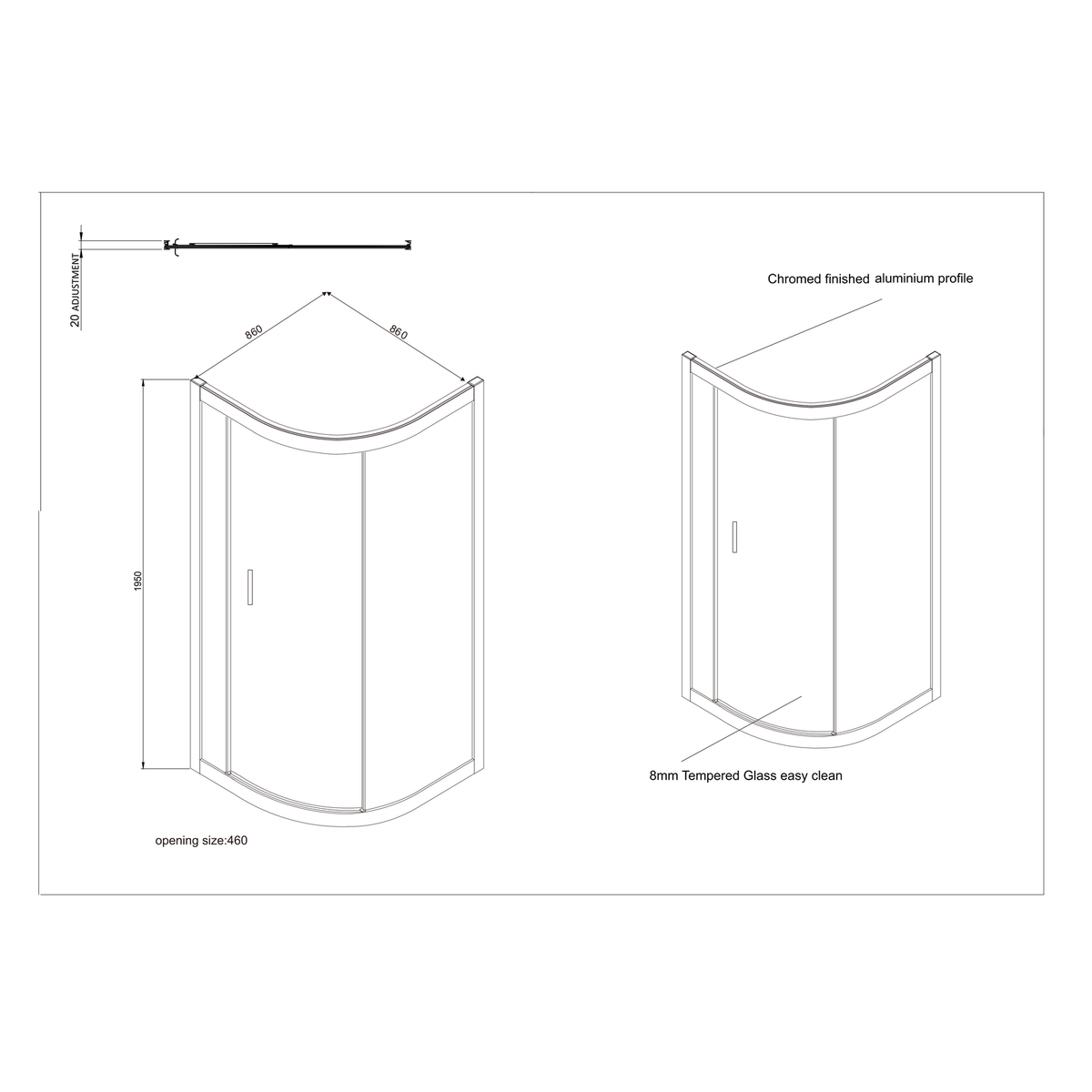 Kartell KV8 900mm quadrant shower enclosure dimensions and technical drawing