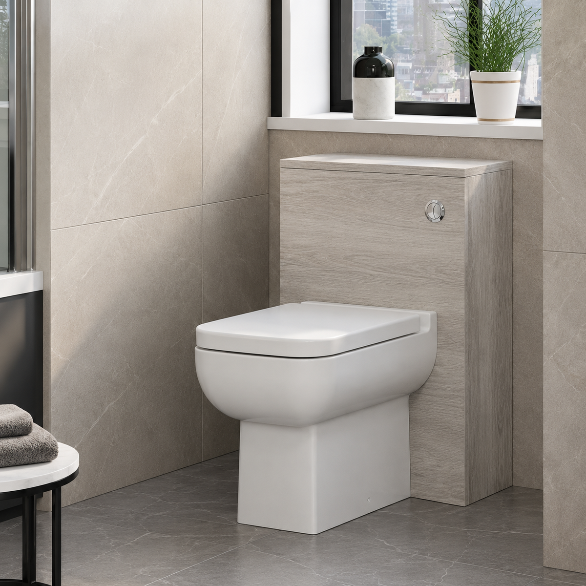 Kartell Purity 505mm WC unit in Silver Oak shown in a modern bathroom setting